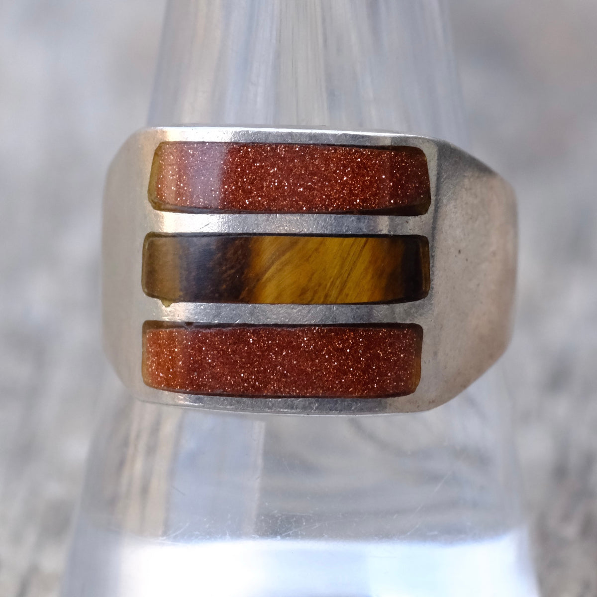 Vintage Sterling Tigers Eye and Goldstone Inlay Ring 9.75