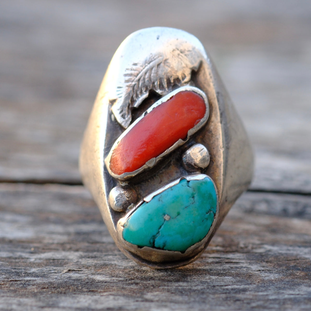 Vintage Sterling Turquoise and Coral Ring 10