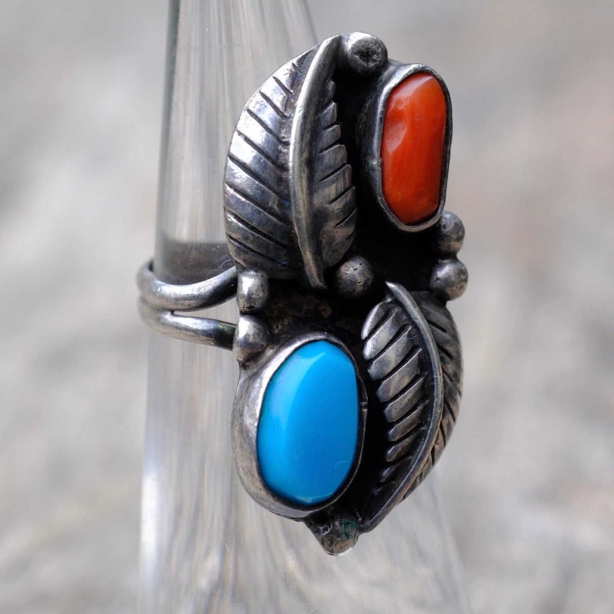 Vintage Sterling Turquoise and Coral Feather Ring 3.75