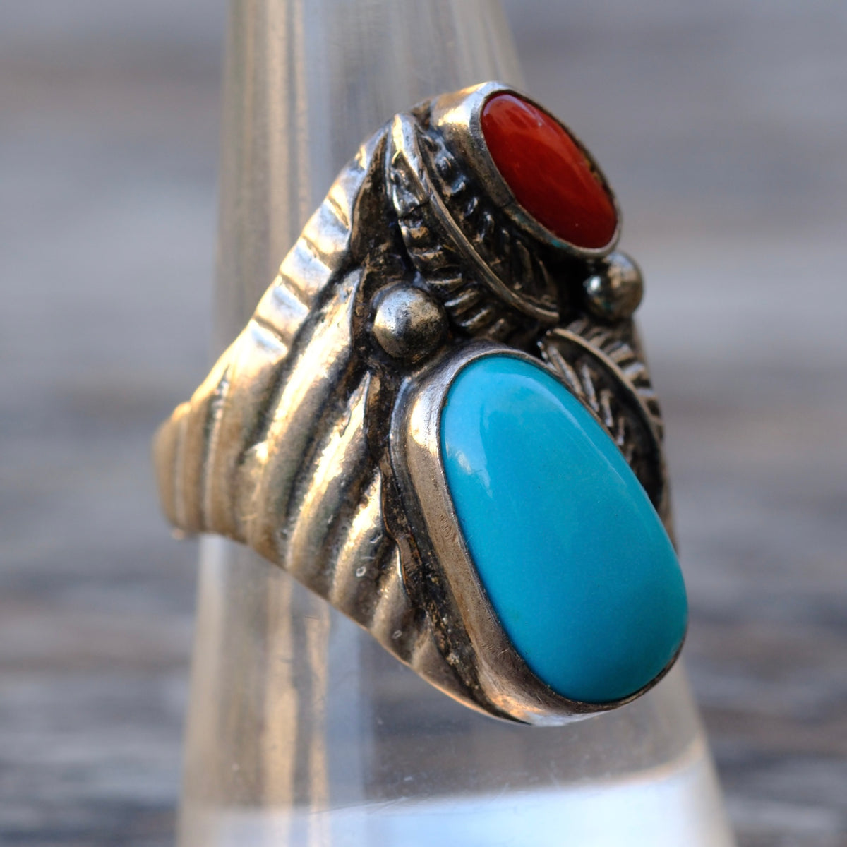 Vintage Sterling Turquoise and Coral Feather Ring 9.25