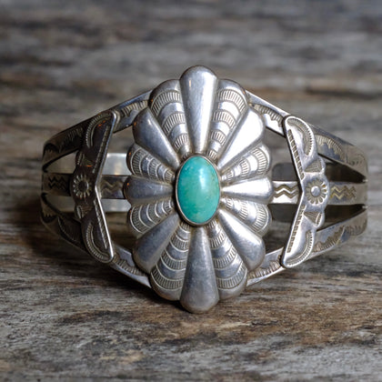 Vintage Sterling Silver Turquoise Trading Post Cuff