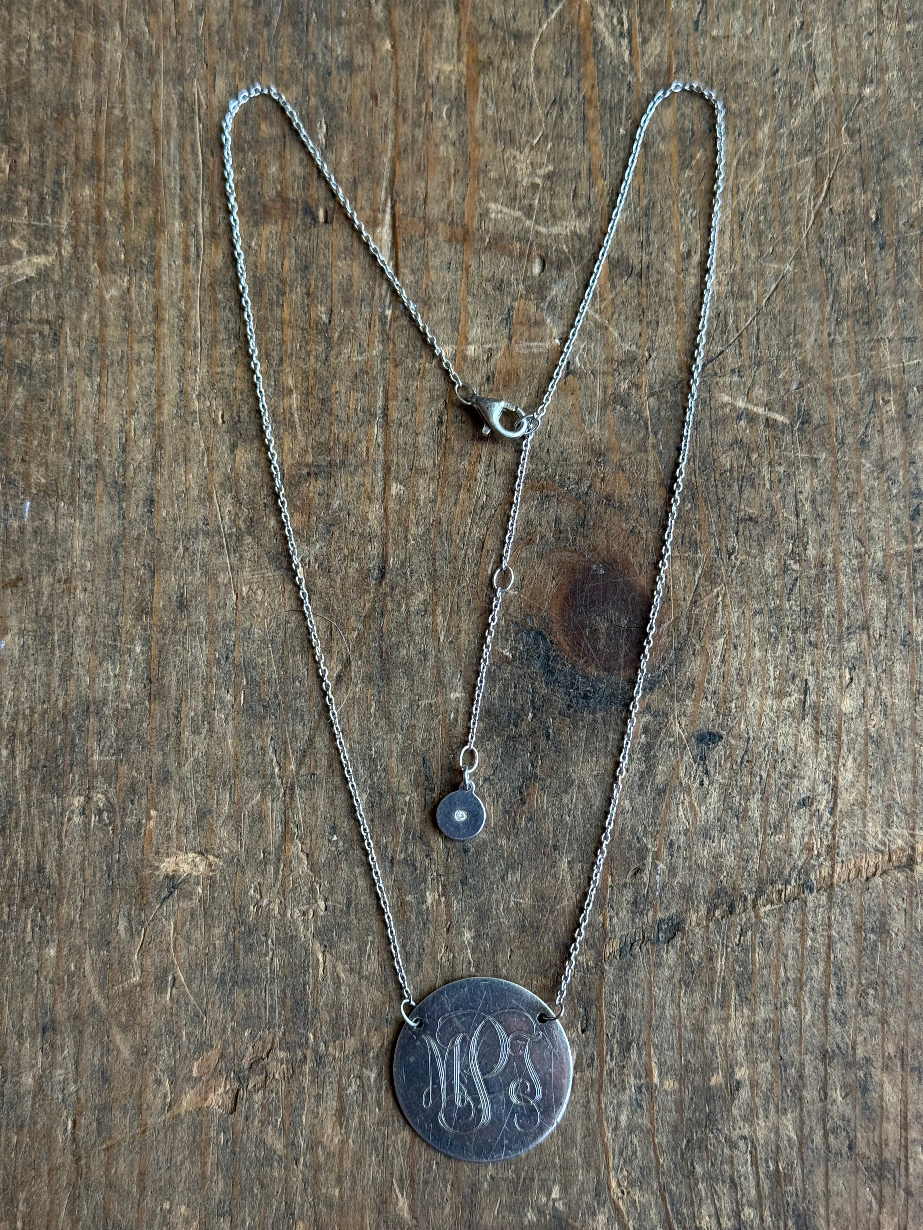 Vintage Sterling Silver ‘PMI’ Etched Medallion Necklace