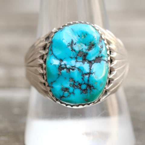 Vintage Sterling Ribbed Band Turquoise Ring 9.75