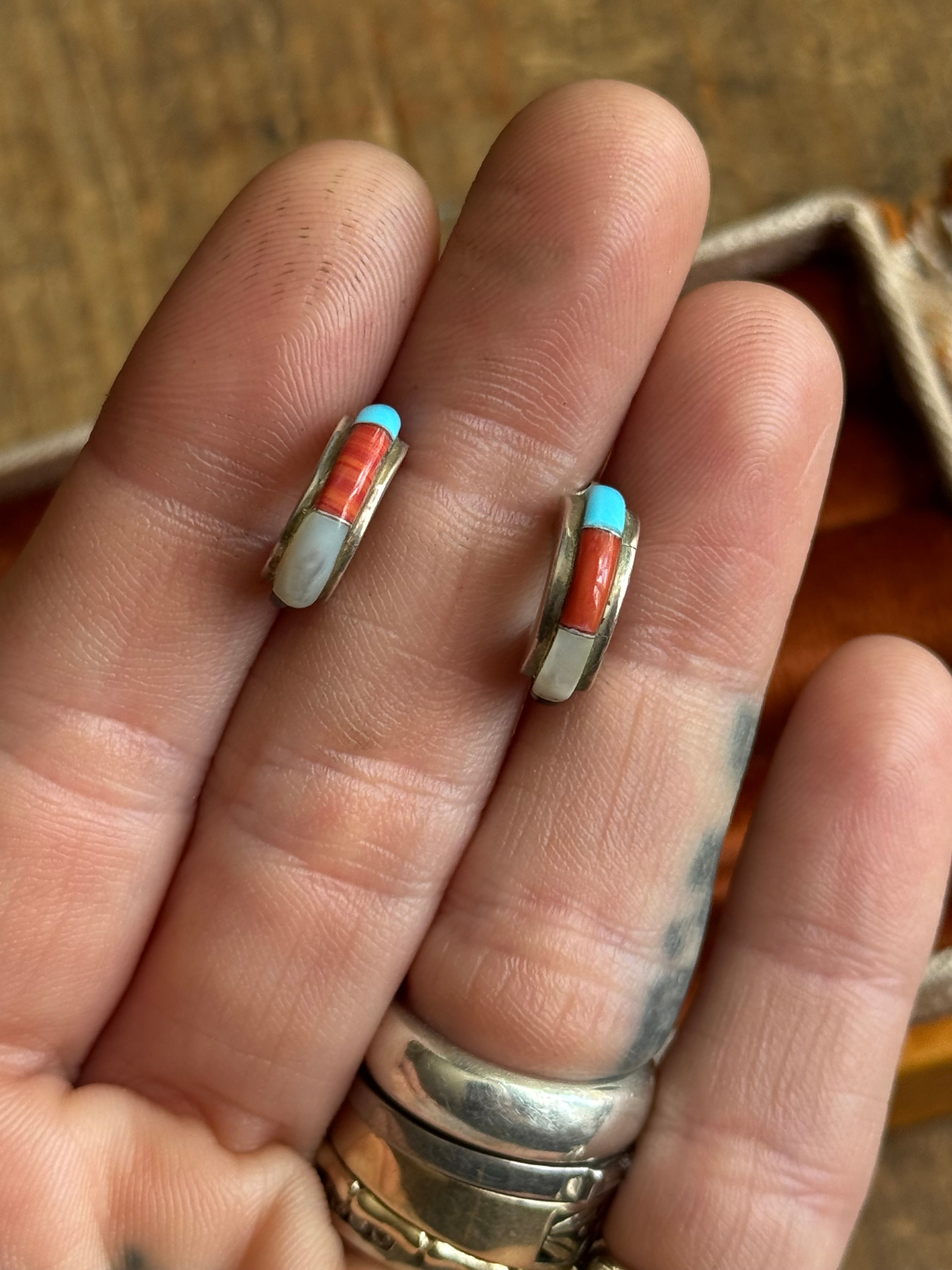 Vintage Sterling Silver Multistone Inlay Hoops
