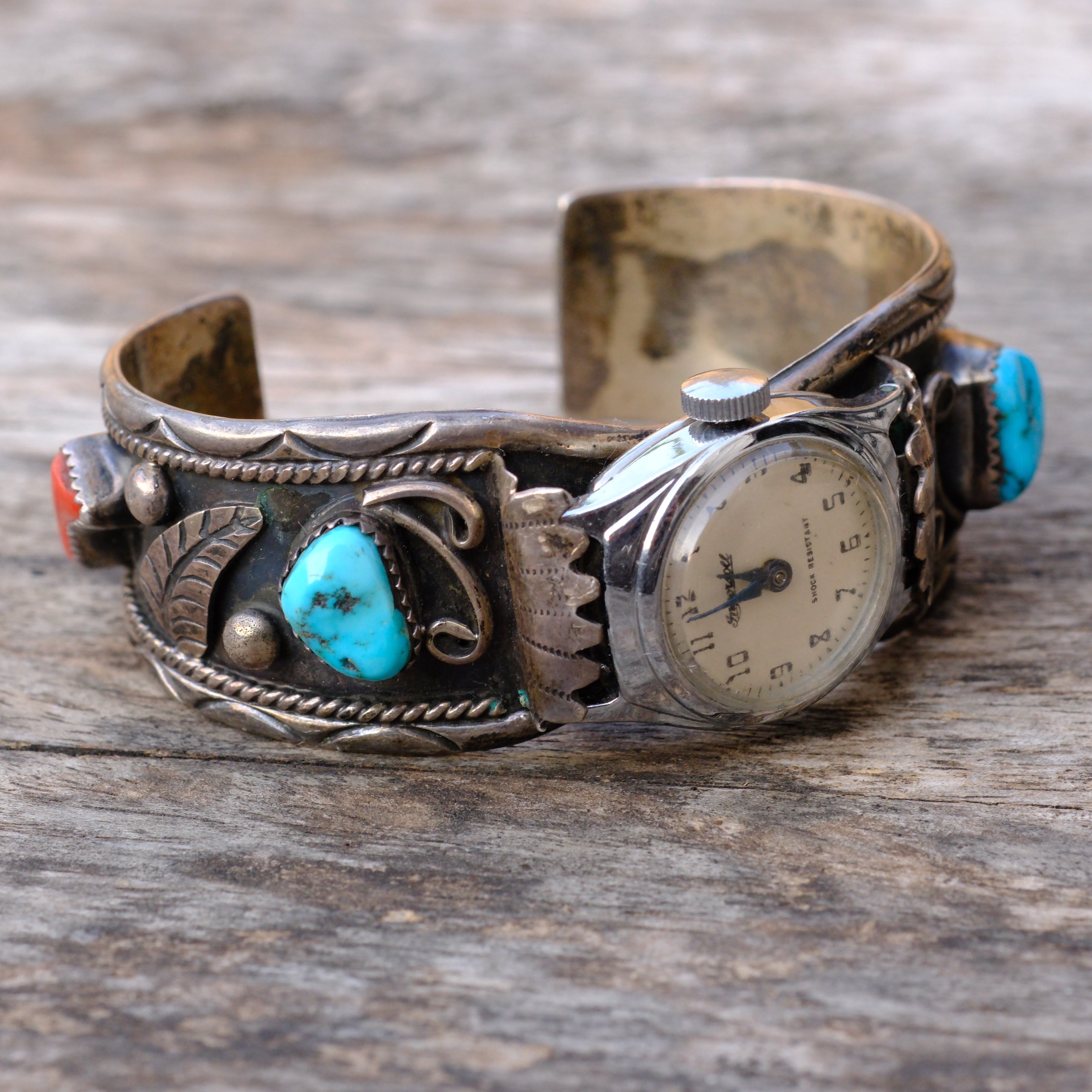Vintage Sterling Turquoise and Coral Cuff Watch Cuff Bracelet