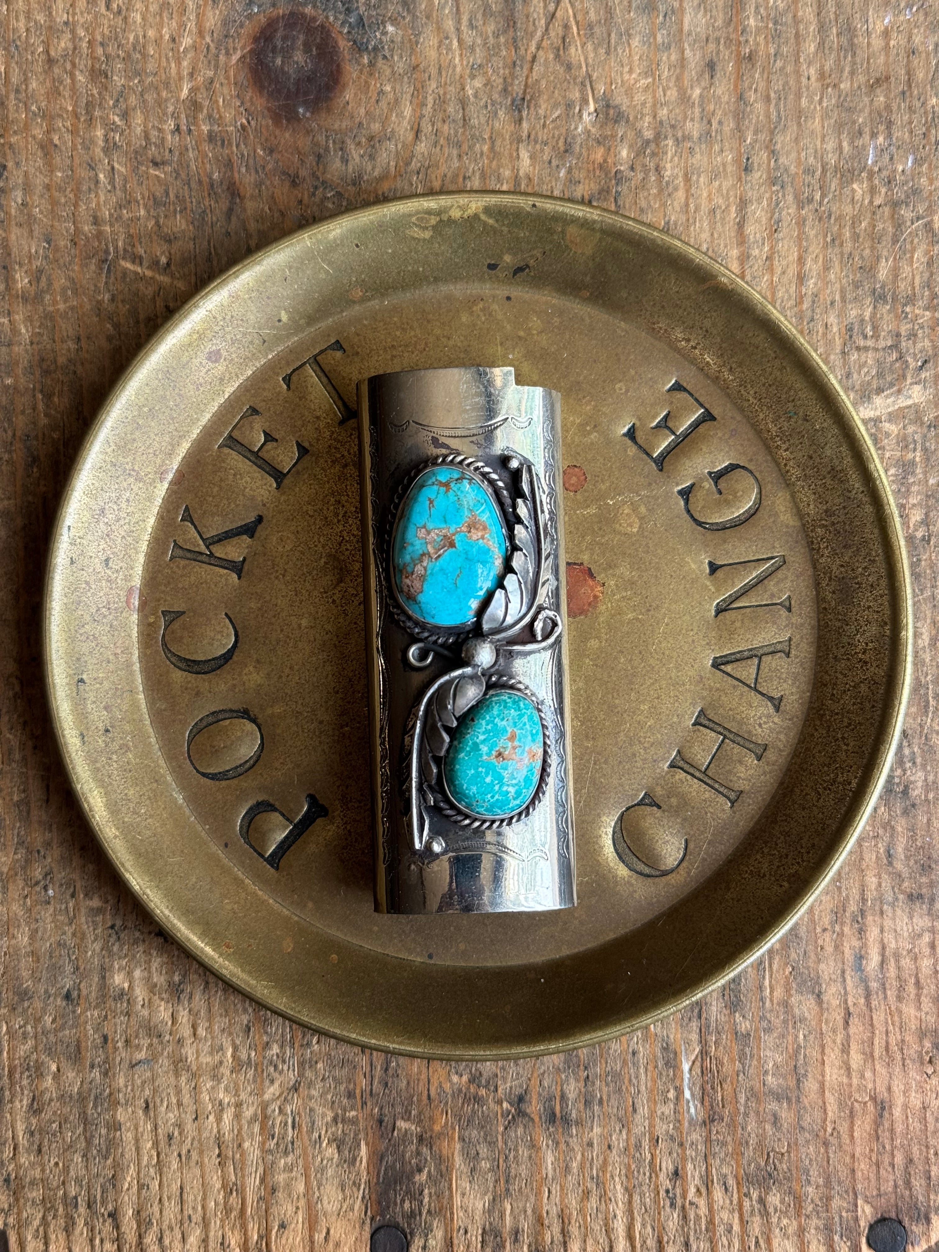 Vintage Stamped Nickel & Sterling Silver Turquoise Lighter Case