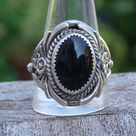 Vintage Sterling Onyx Feather Ring 13.75