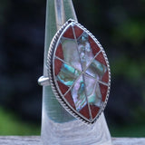 Vintage Sterling Coral and Abalone Star Burst Ring 5.5