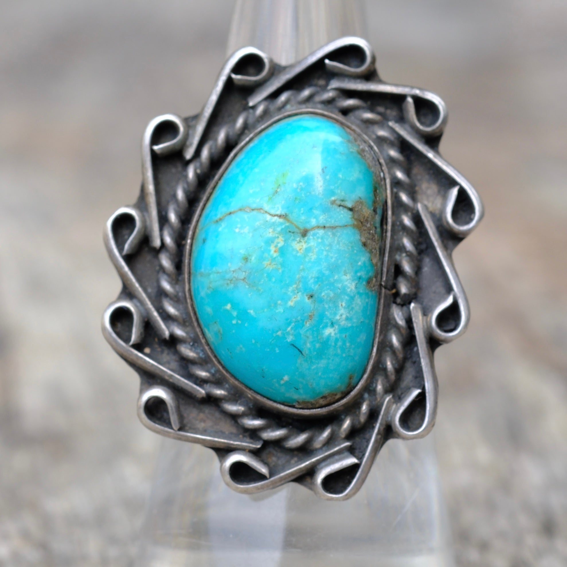 Vintage Sterling Turquoise Florette Ring 7.75