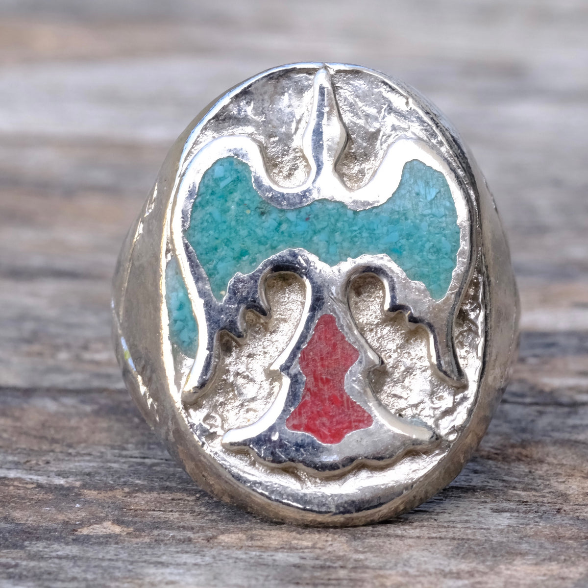Vintage Sterling Turquoise and Coral Thunderbird Ring 9.25