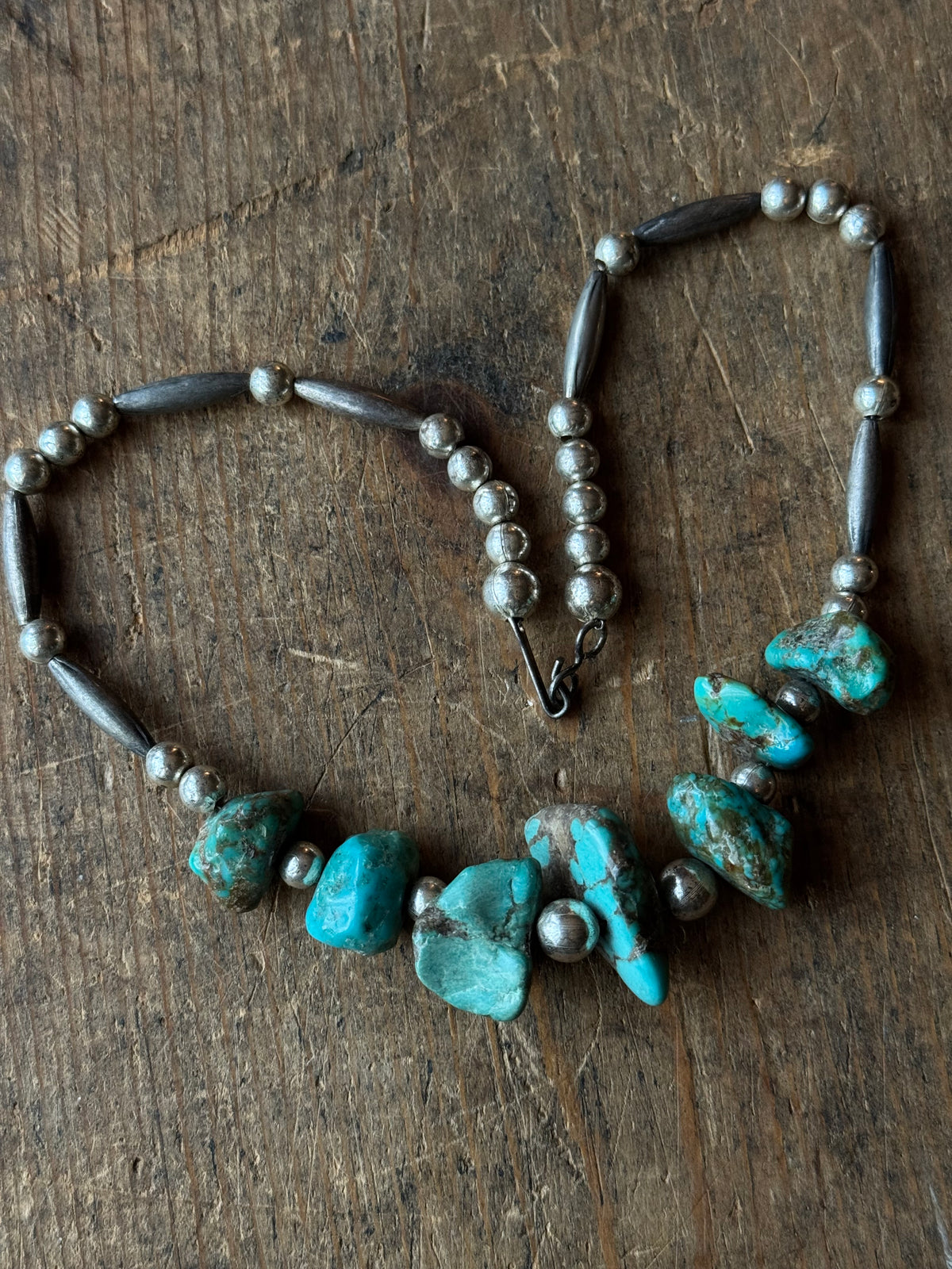 Vintage Sterling Silver Pawn Bead & Chunky Raw Turquoise Choker Necklace