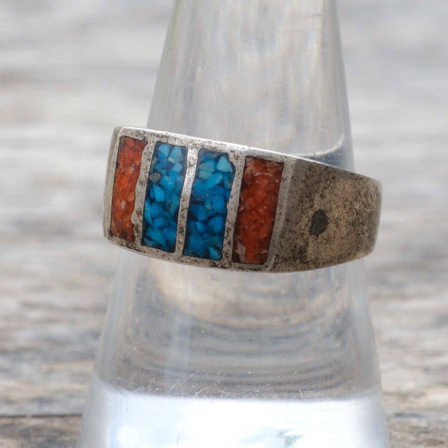 Vintage Sterling Turquoise and Coral Inlay Ring 9