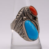 Vintage Sterling Turquoise and Coral Feather Ring 9.25