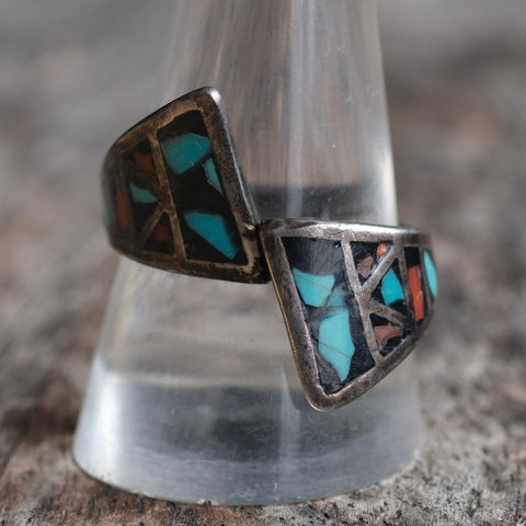 Vintage Sterling Turquoise Chip Overpass Ring 10.25