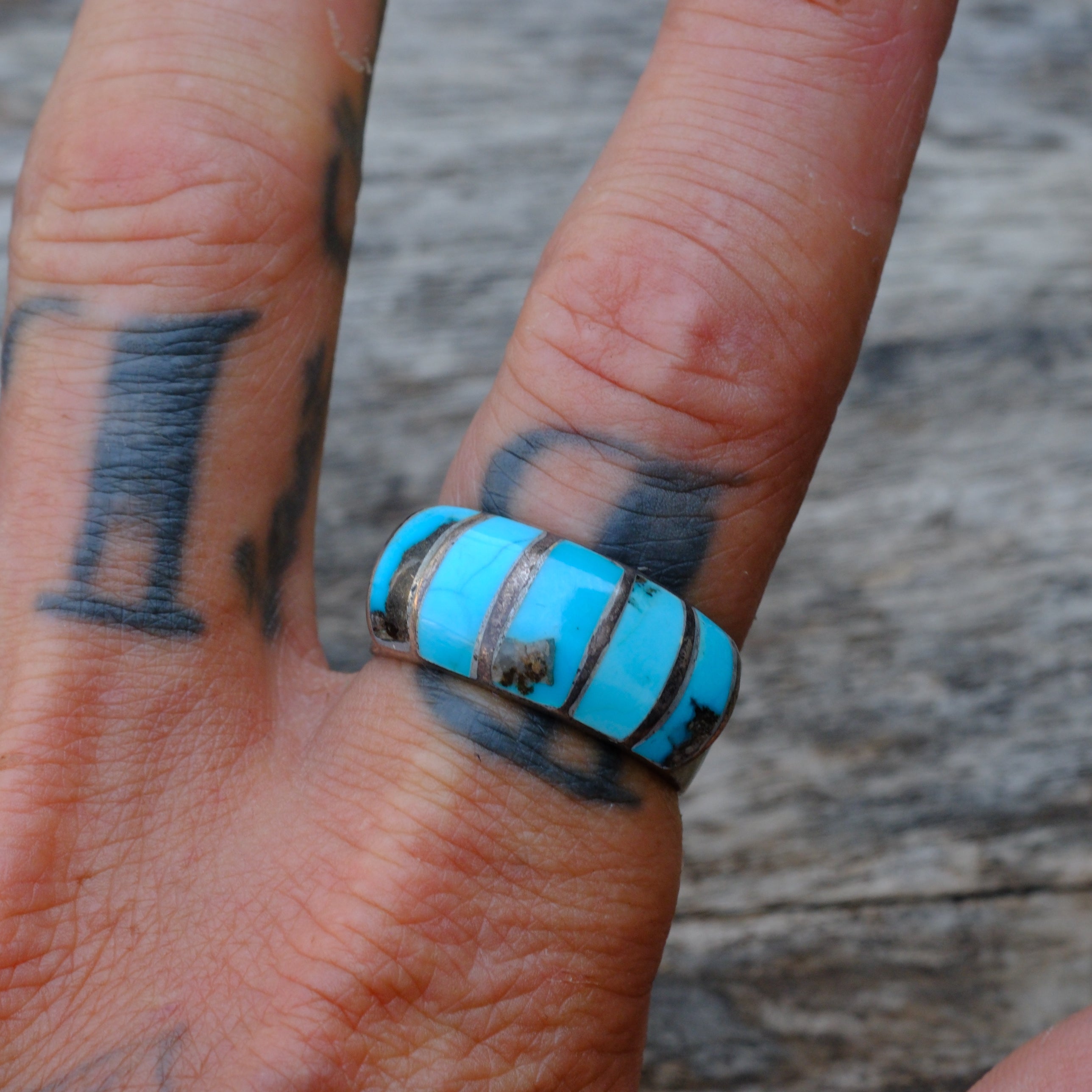 Vintage Sterling Turquoise Inlay Thick Band Ring 10.25