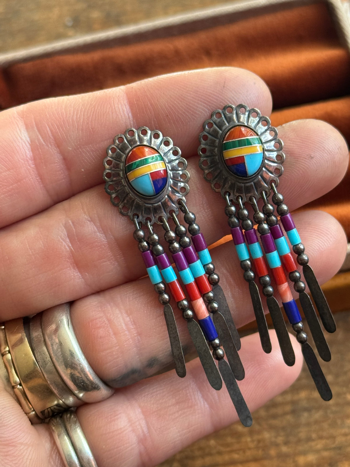 Vintage Sterling Silver Multistone Beaded Fringe Concho Earrings