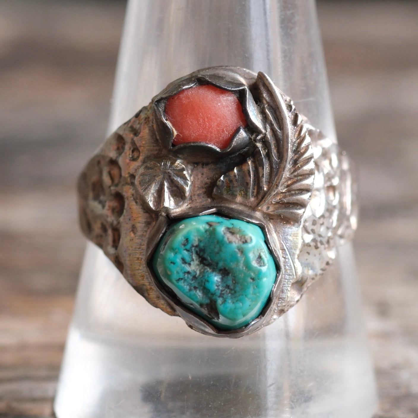 Vintage Sterling Turquoise and Coral Feather Ring 10.75