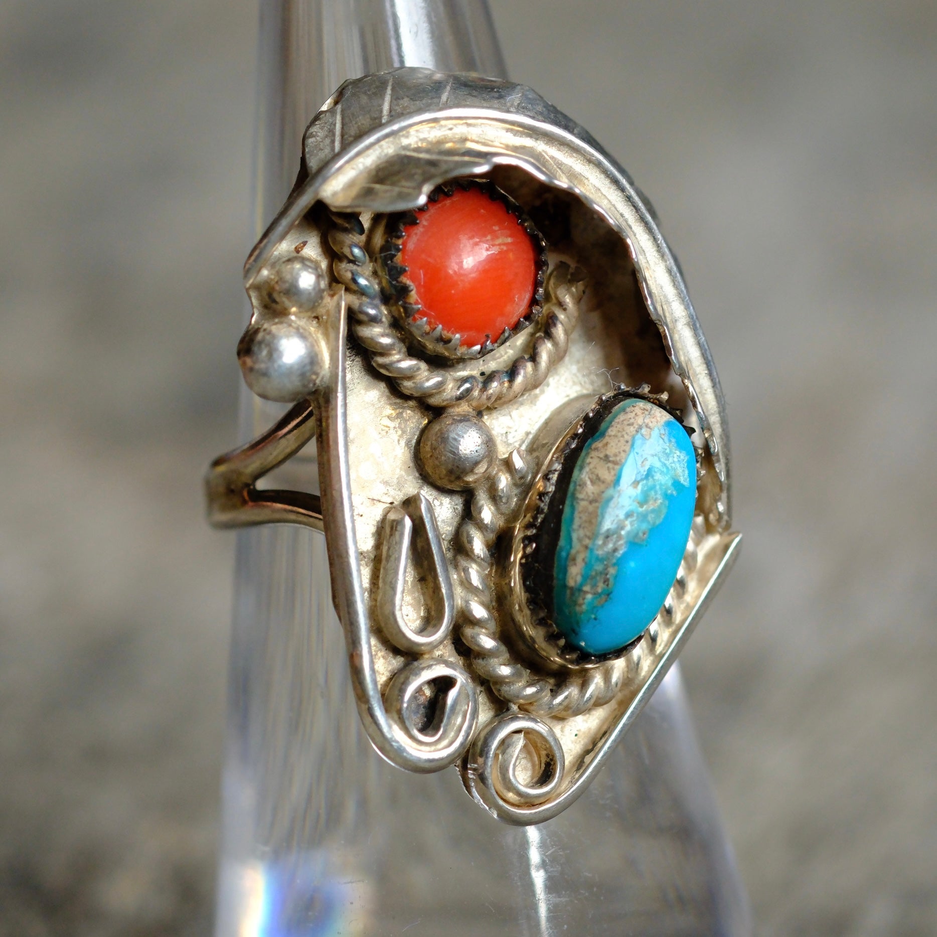 Vintage Sterling Turquoise and Coral Feather Ring 5.5