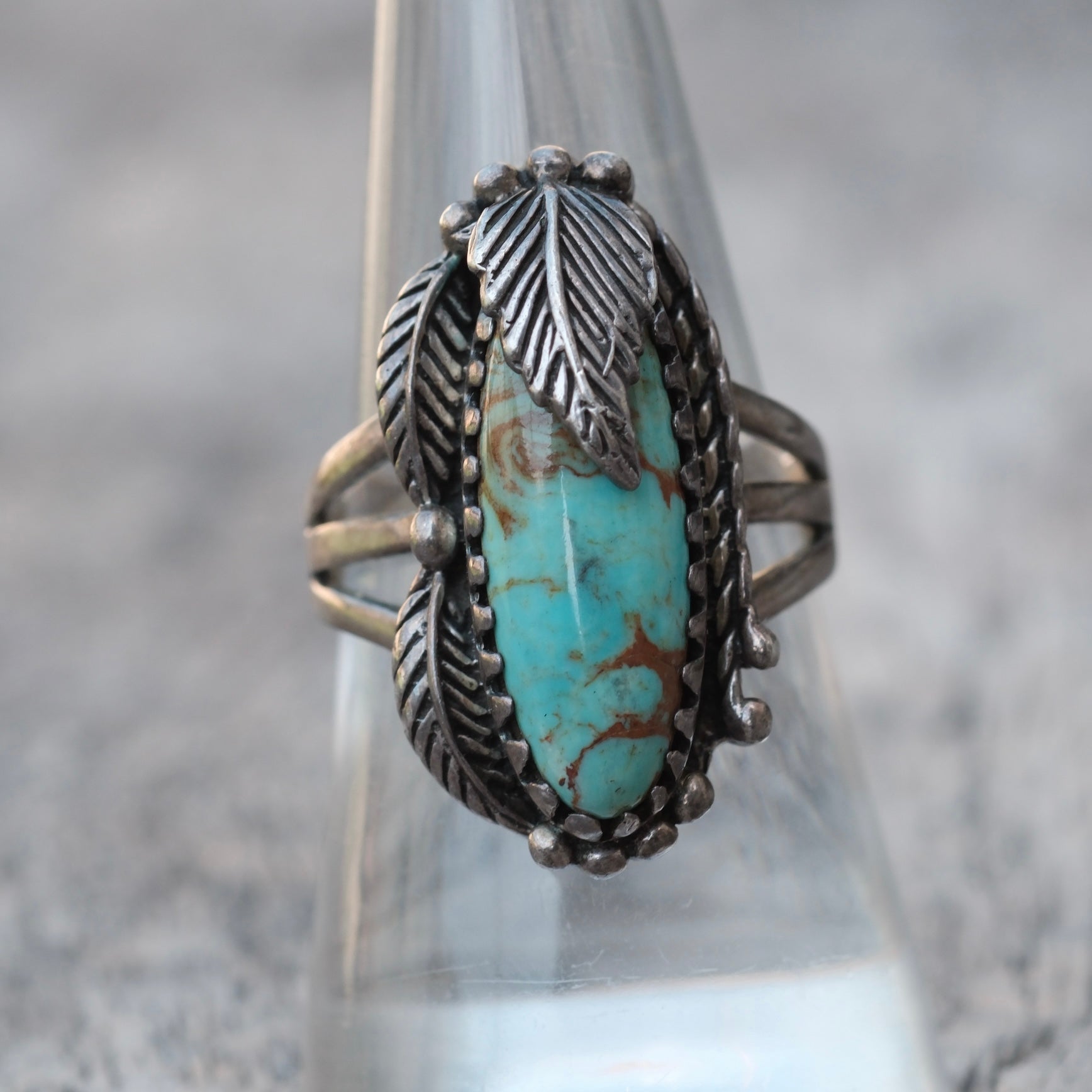 Vintage Sterling Turquoise Feather Ring 8.25
