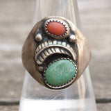 Vintage Sterling Turquoise and Coral Feather Ring 9.75