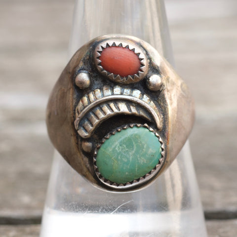 Vintage Sterling Turquoise and Coral Feather Ring 9.75