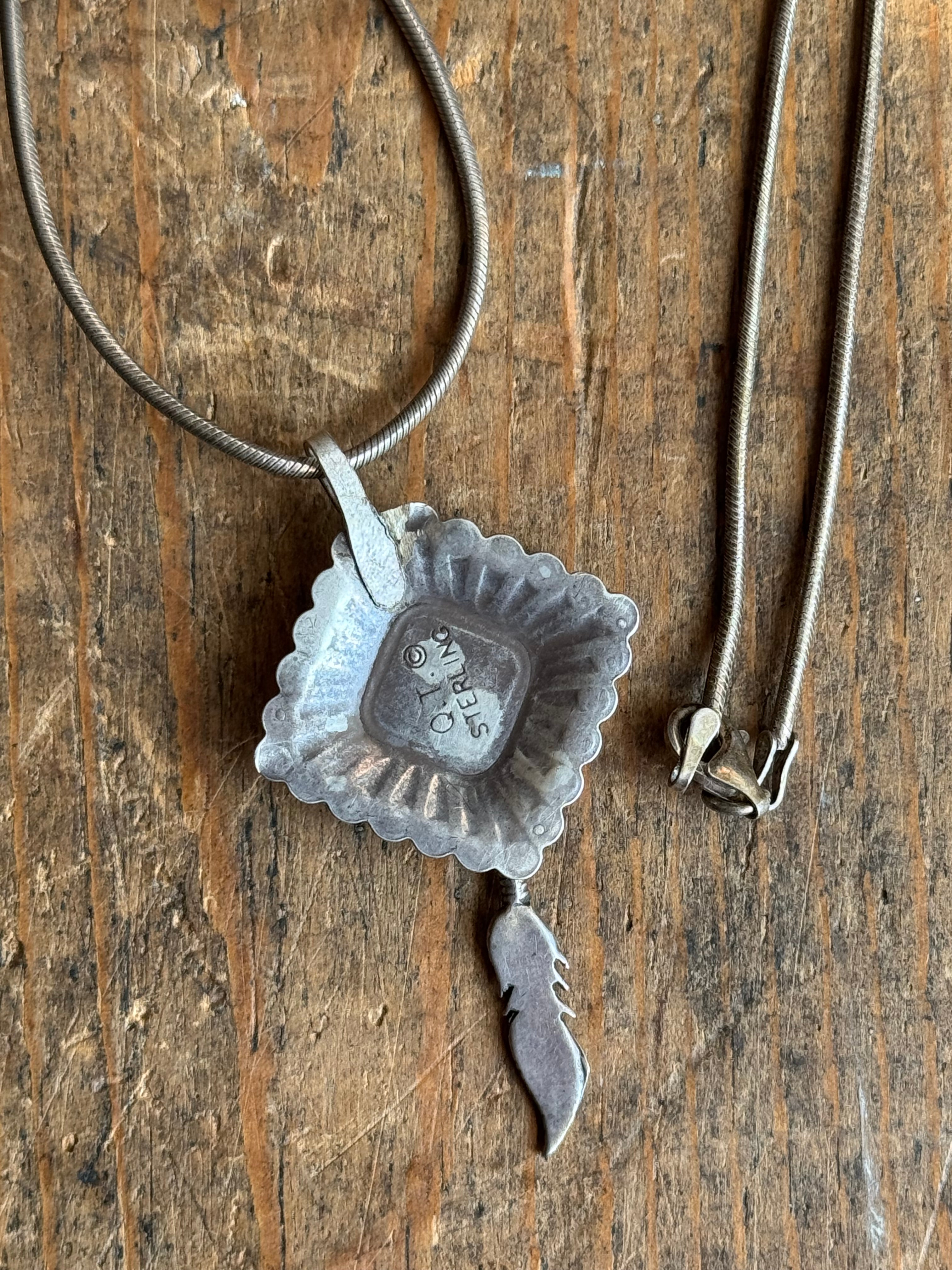 Vintage Sterling Silver Multistone Inlay Feather Concho 18" Necklace