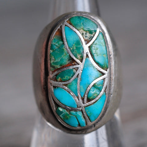 Vintage Sterling Turquoise Inlay Scale Ring 8.25