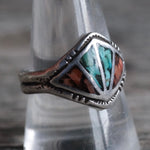 Vintage Sterling Crushed Turquoise and Coral Inlay Ring 10.5