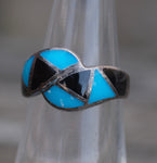 Vintage Sterling Onyx and Turquoise Inlay Ring 4.75