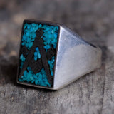 Vintage Sterling Crushed Turquoise Inlay Freemasons Ring 10.75