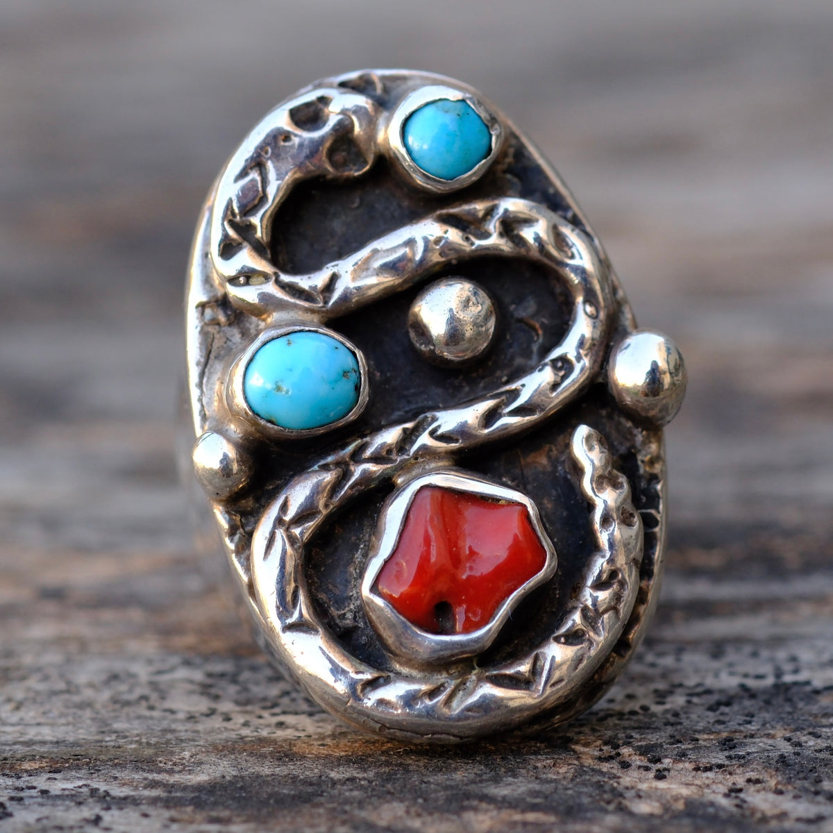 Vintage Sterling Turquoise and Coral Snake Ring 9