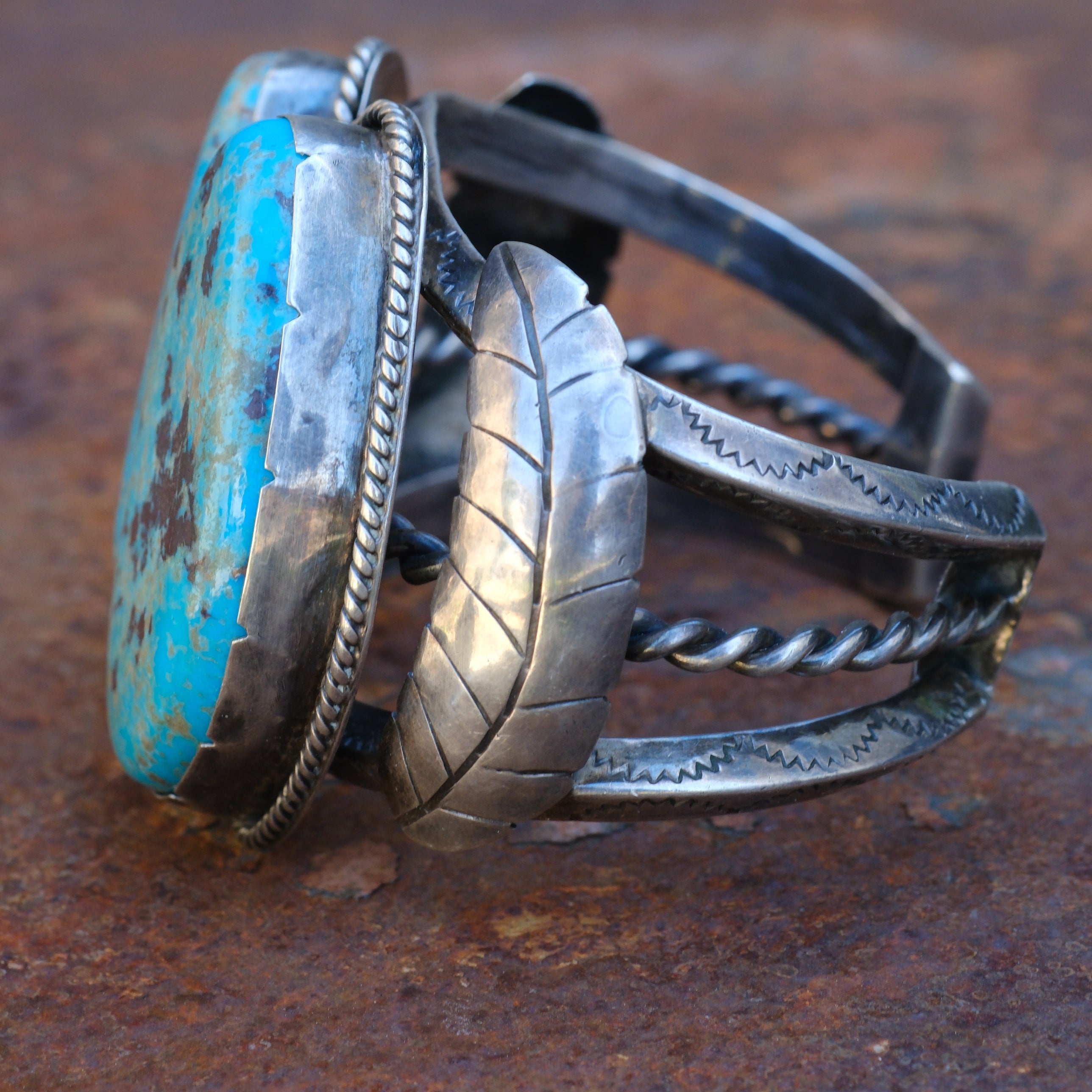 Massive Vintage Sterling 2-Stone Turquoise Stamped Feather Cuff Bracelet