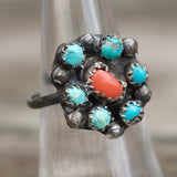 Vintage Sterling Turquoise and Coral Cluster Ring 7.25