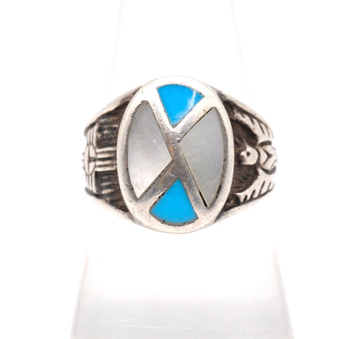 Vintage Sterling Turquoise and Mother Of Pearl Thunderbird Ring 7.75