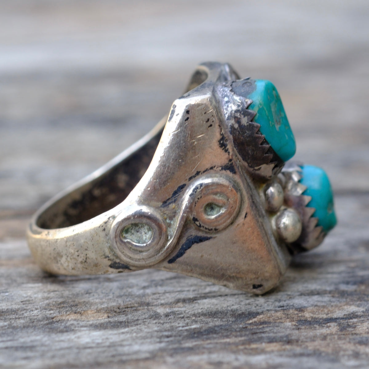 Vintage Sterling 2-Stone Turquoise Ring 10.5