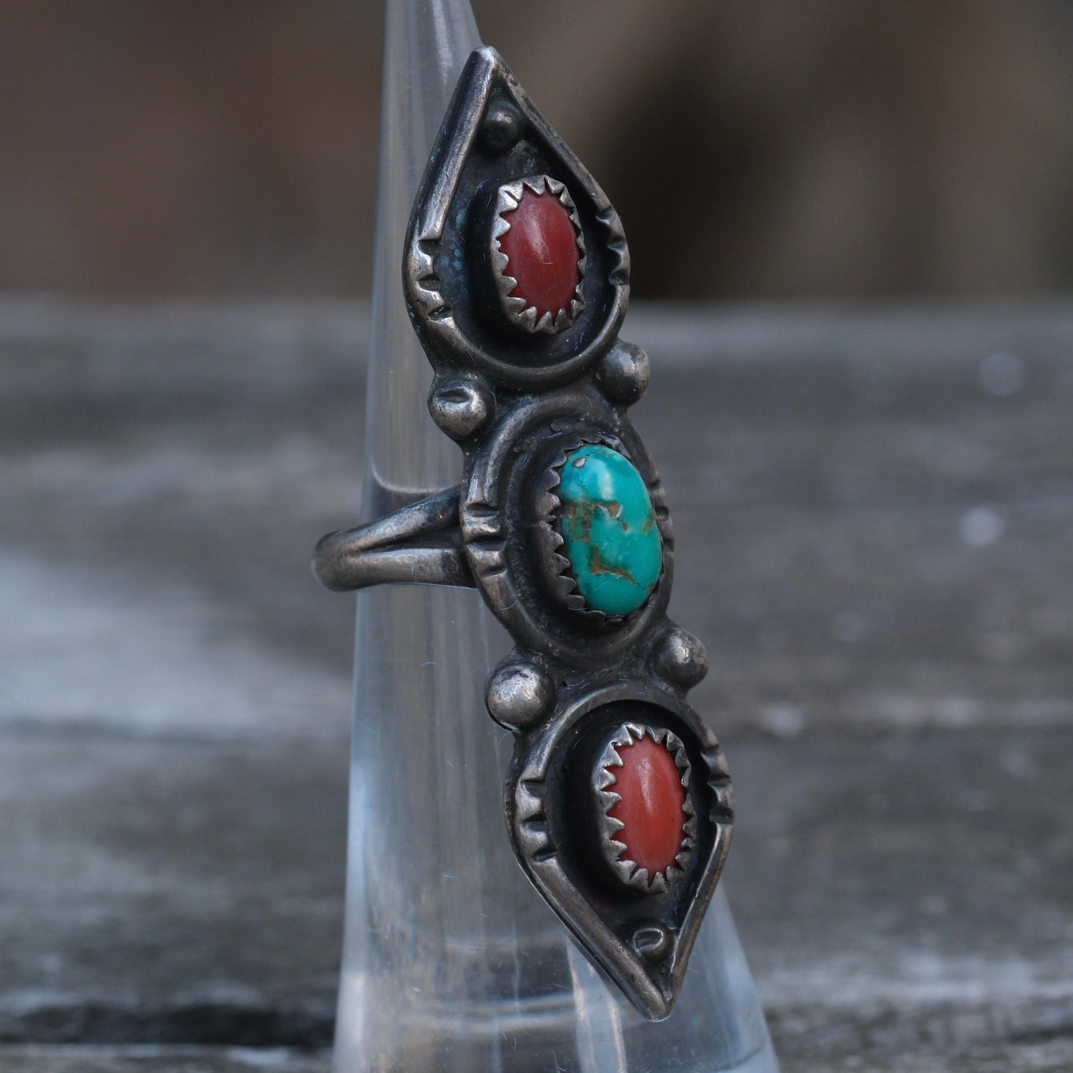 Vintage Sterling Turquoise and Coral Ring 3.25