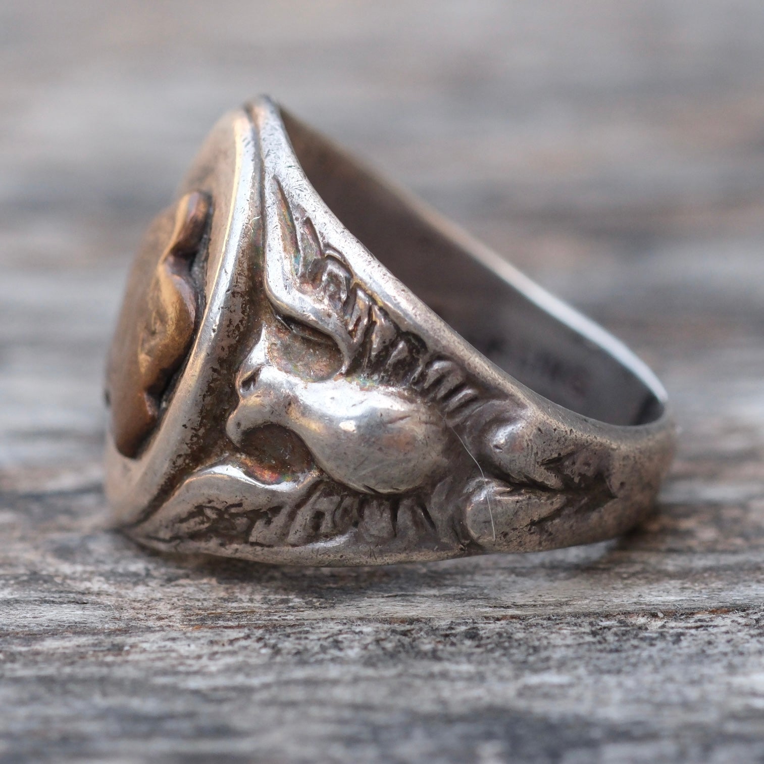 Vintage Sterling Silver WORN Military Signet Ring 7.75