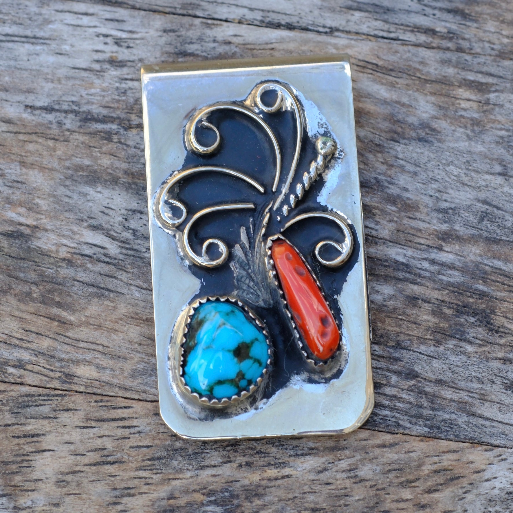 Vintage Turquoise and Coral Feather Money Clip