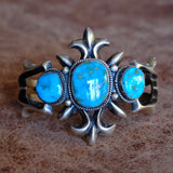 HEAVY Vintage Sterling Blue Gem Turquoise Sandcast Cuff