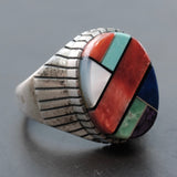 Vintage Sterling Multistone Inlay Ribbed Band Ring 9.75