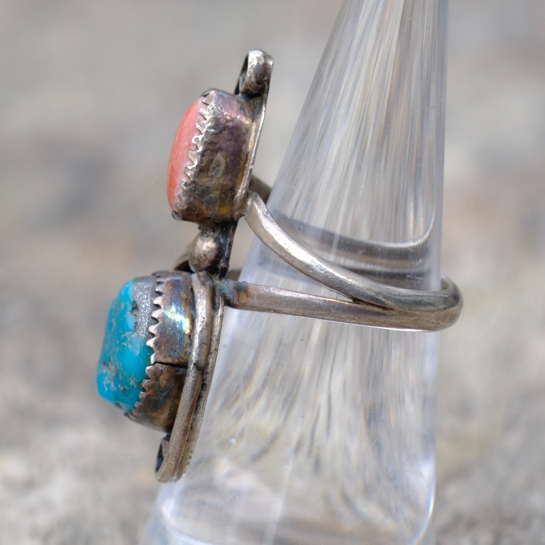 Vintage Sterling Turquoise and Coral Feather Ring 6