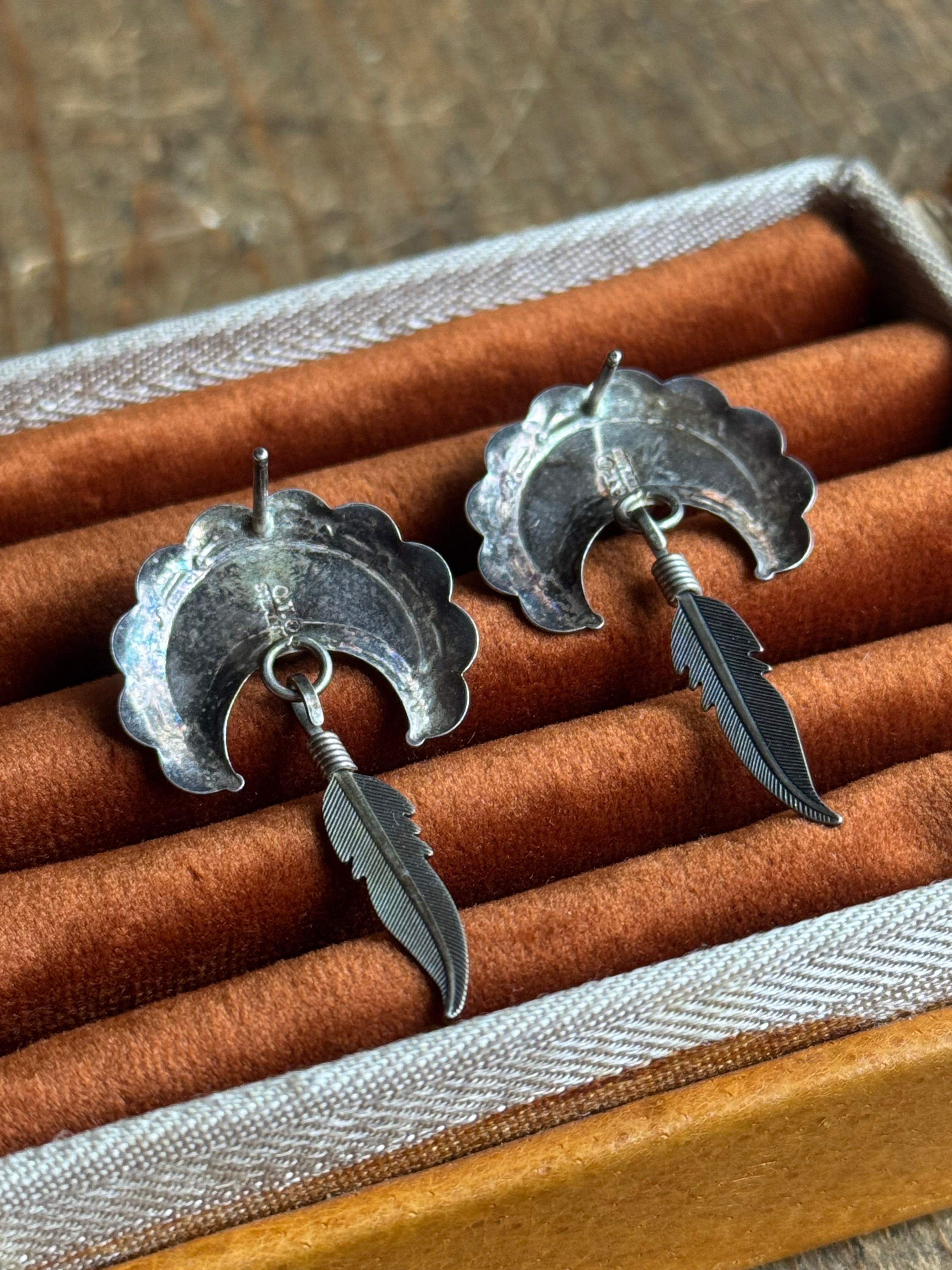 Vintage Sterling Silver Multistone Inlay Crescent Earrings