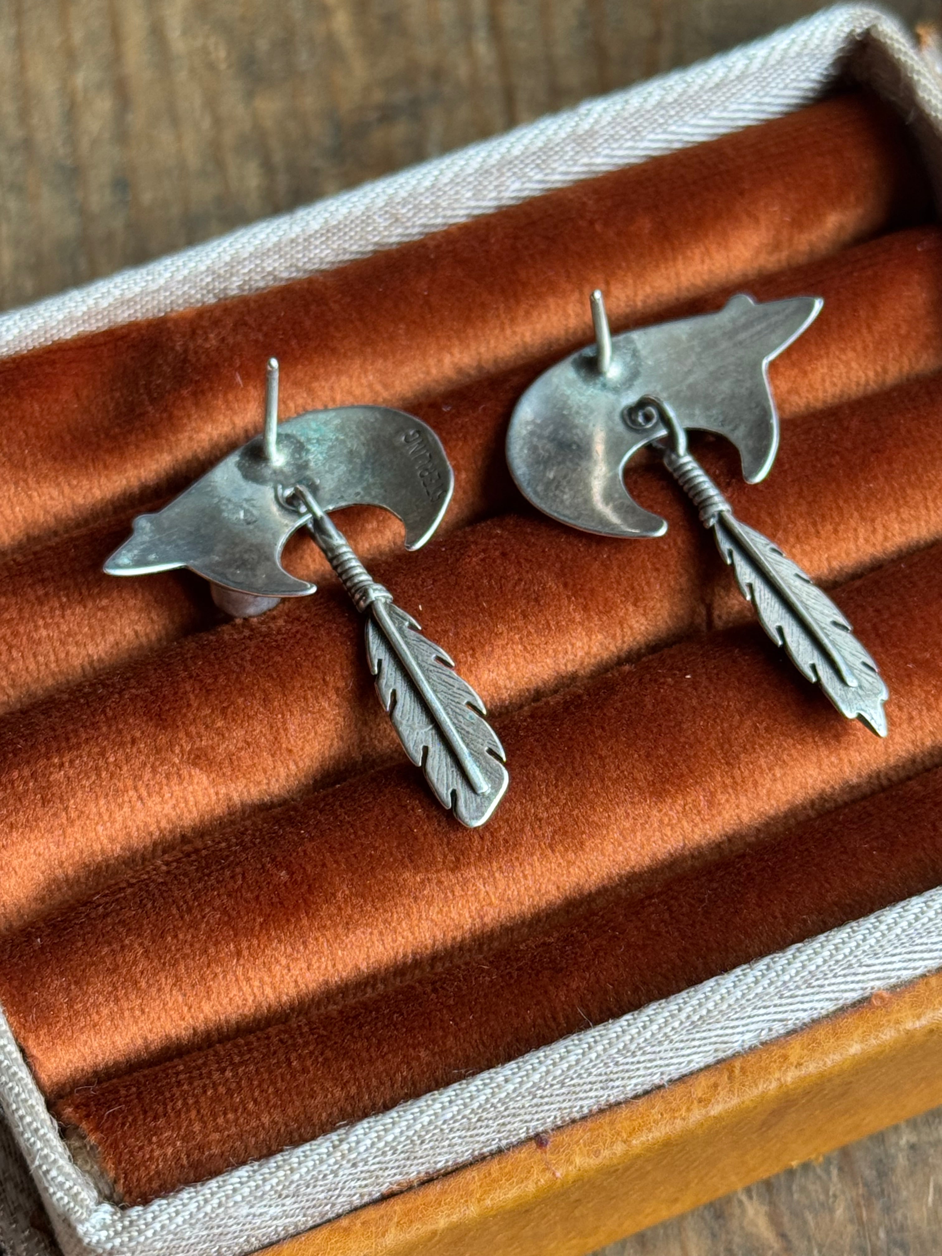 Vintage Sterling Silver Onyx Bear Feather Earrings