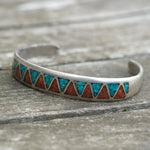 Vintage Sterling Turquoise and Coral Inlay Cuff