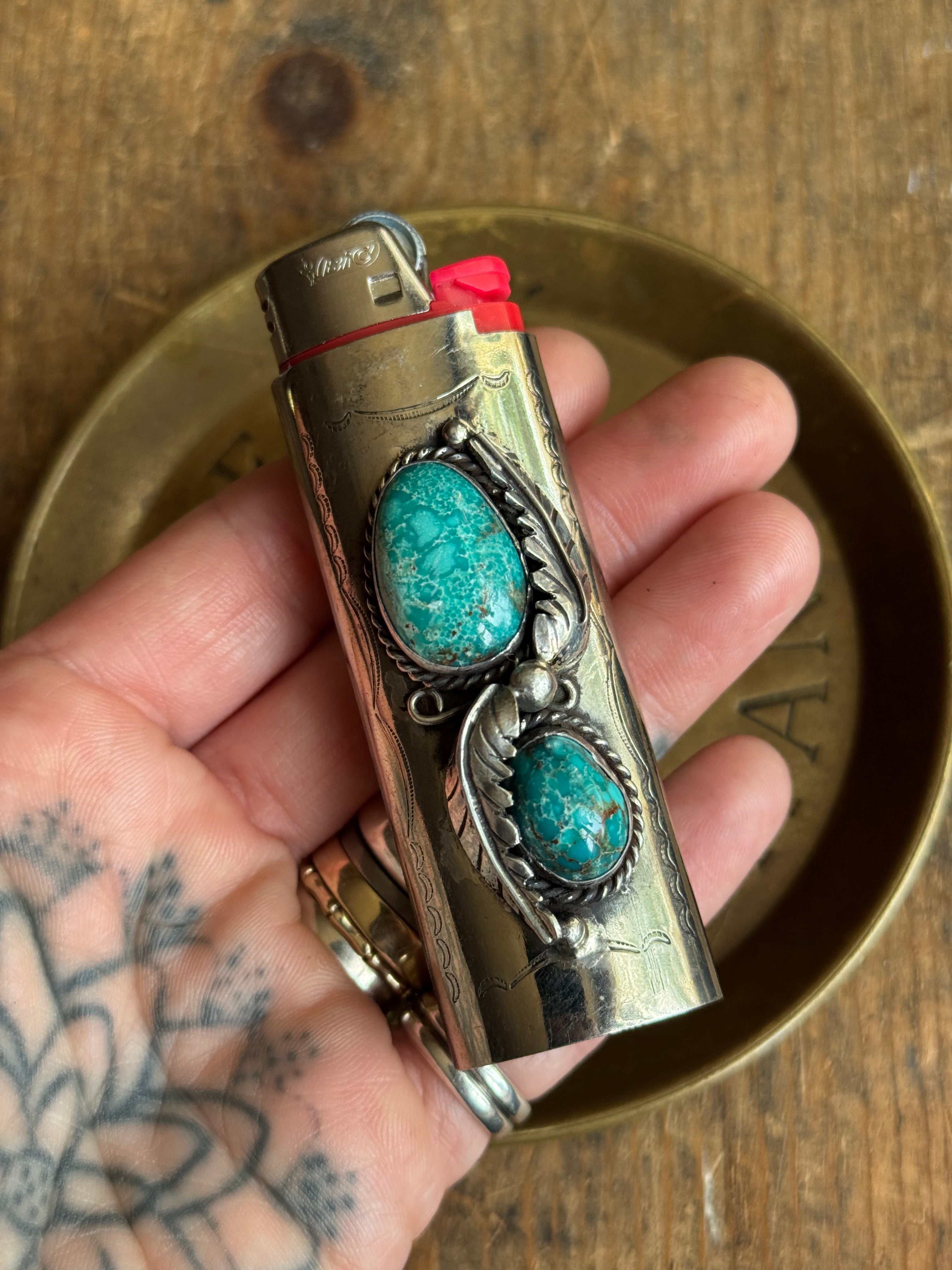 Vintage Stamped Nickel & Sterling Silver Turquoise Lighter Case
