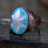 Vintage Sterling Turquoise and Mother Of Pearl Starburst Inlay Ring 11