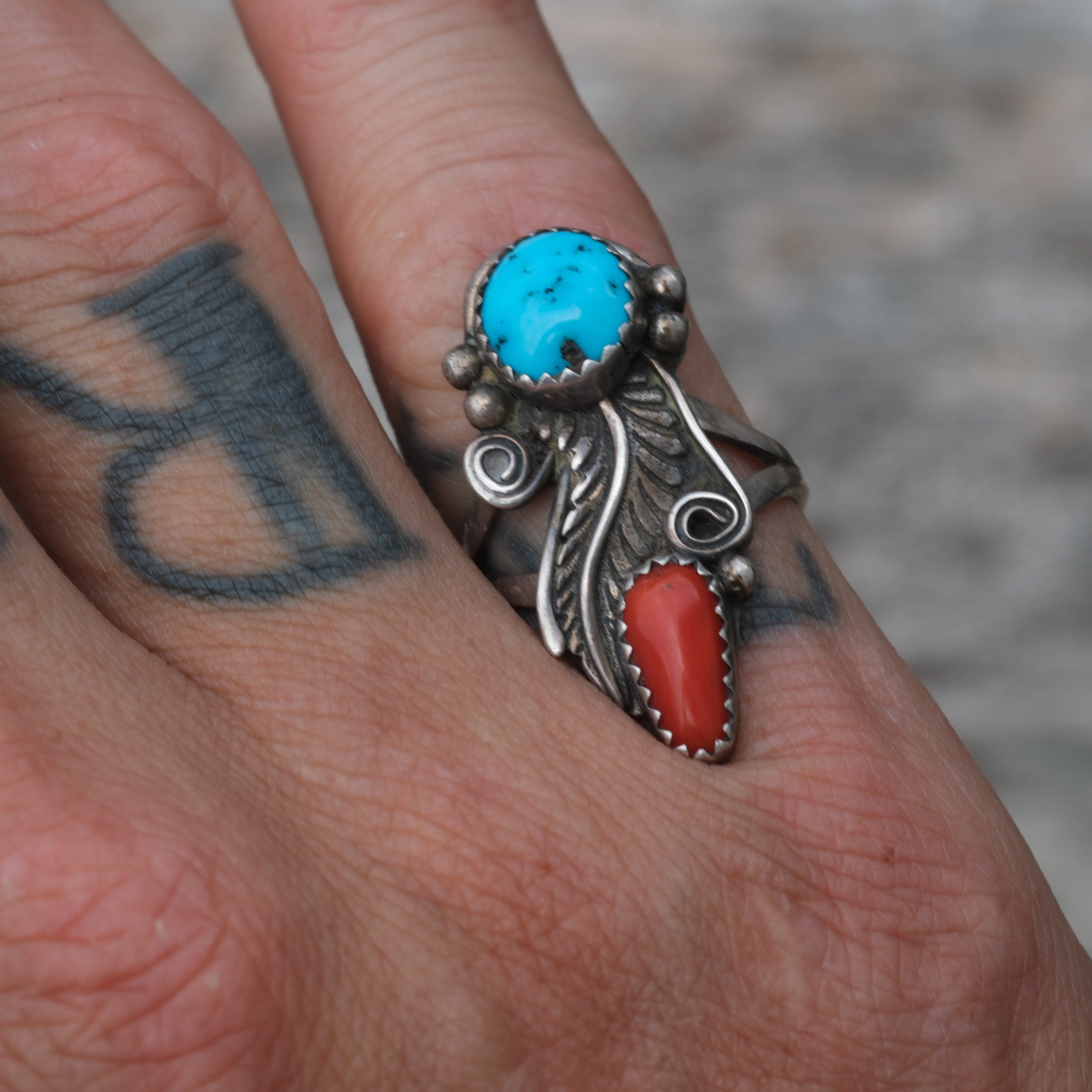 Vintage Sterling Turquoise and Coral Feather Ring 6.75