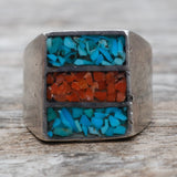 Vintage Sterling Crushed Turquoise and Coral Inlay Ring 7.75