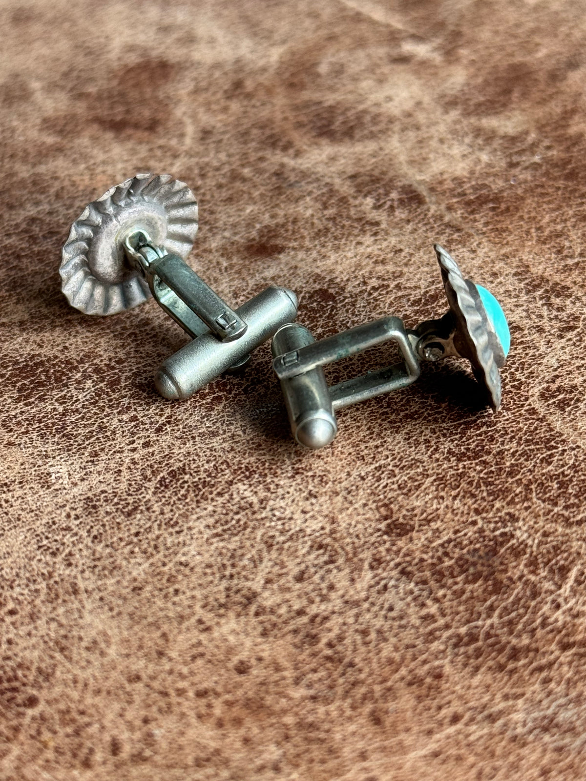Vintage Sterling Silver Turquoise Concho Cufflinks