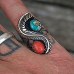 Vintage Sterling Turquoise and Coral Feather Ring 5.75